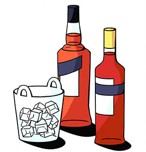 Two liquor bottles and an ice bucket.