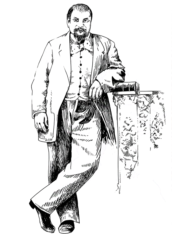 Portrait of Gespare Campari leaning on stack of books.