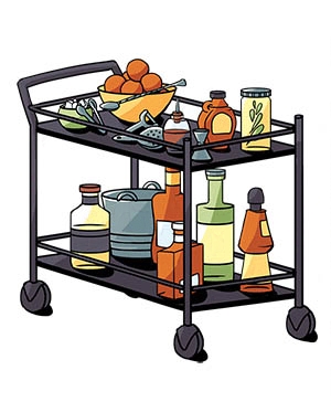 Cart with liquor bottles on the bottom shelf and other cocktail ingredients on the top shelf.
