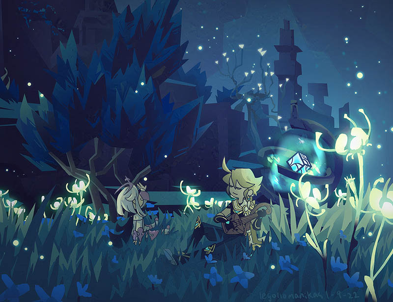 Paimon and Aether sitting in grass field in Enkanomiya.