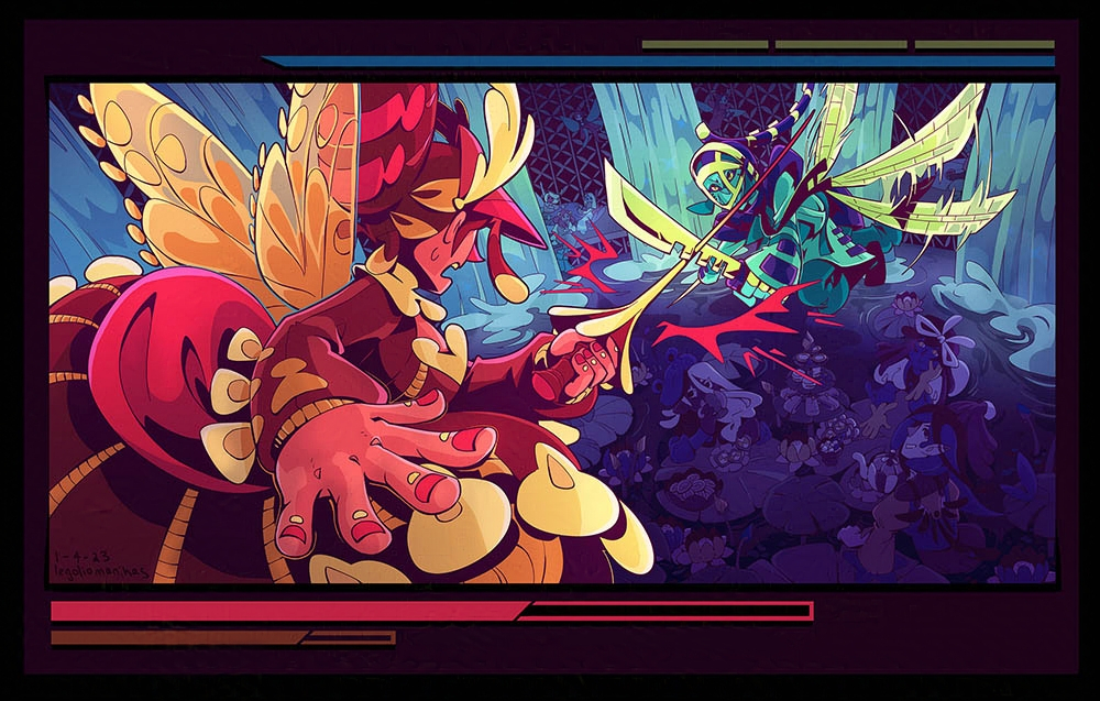 Mosquito and dragonfly fairies swordfighting.