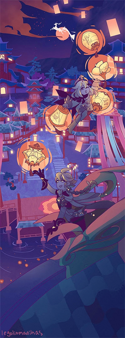 Aether and Paimon releasing lanterns in Liyue.