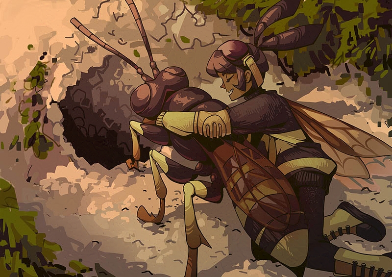 Wasp fairy leading a normal wasp back to their burrow.