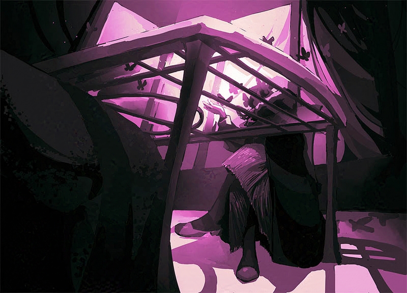 Scene with dramatic lighting of an interrogation with a woman with a cloud of butterflies as a head.
