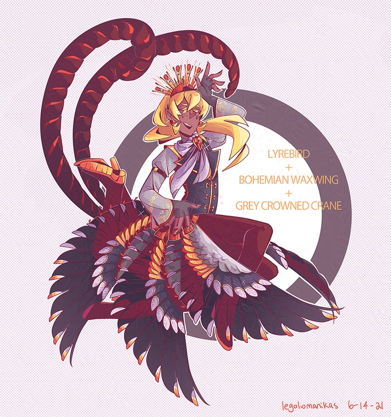 Angel variant with details from lyrebirds, bohemian waxwings, and grey crowned cranes.