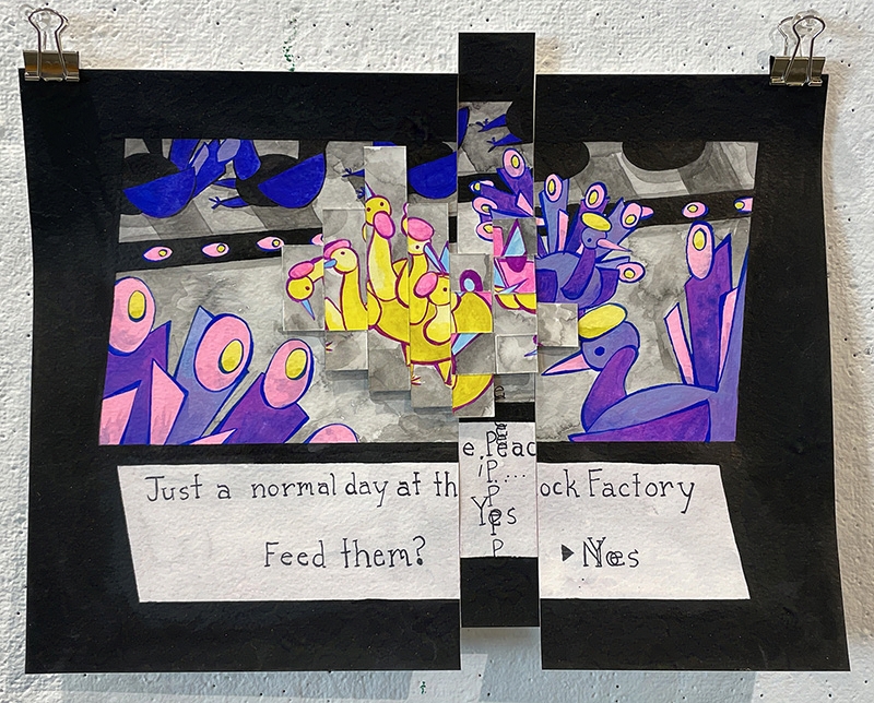 Painting where parts of the image is jumbled together. A peacock factory produces a glitched bird.
