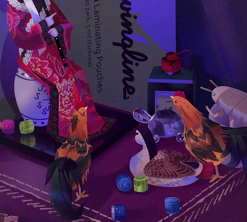 Still life of a princess playing flute to various animal figurines.