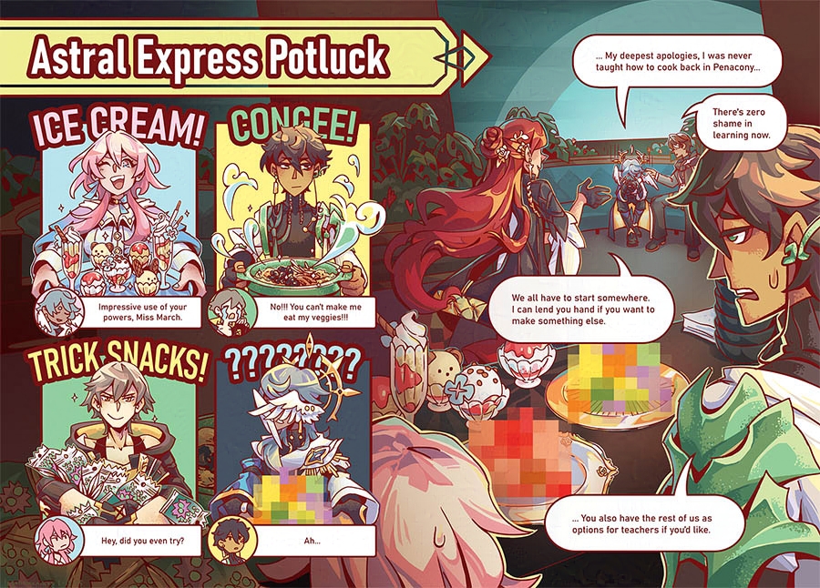 Comic of the Astral Express Crew having a potluck, but Sunday cannot cook.