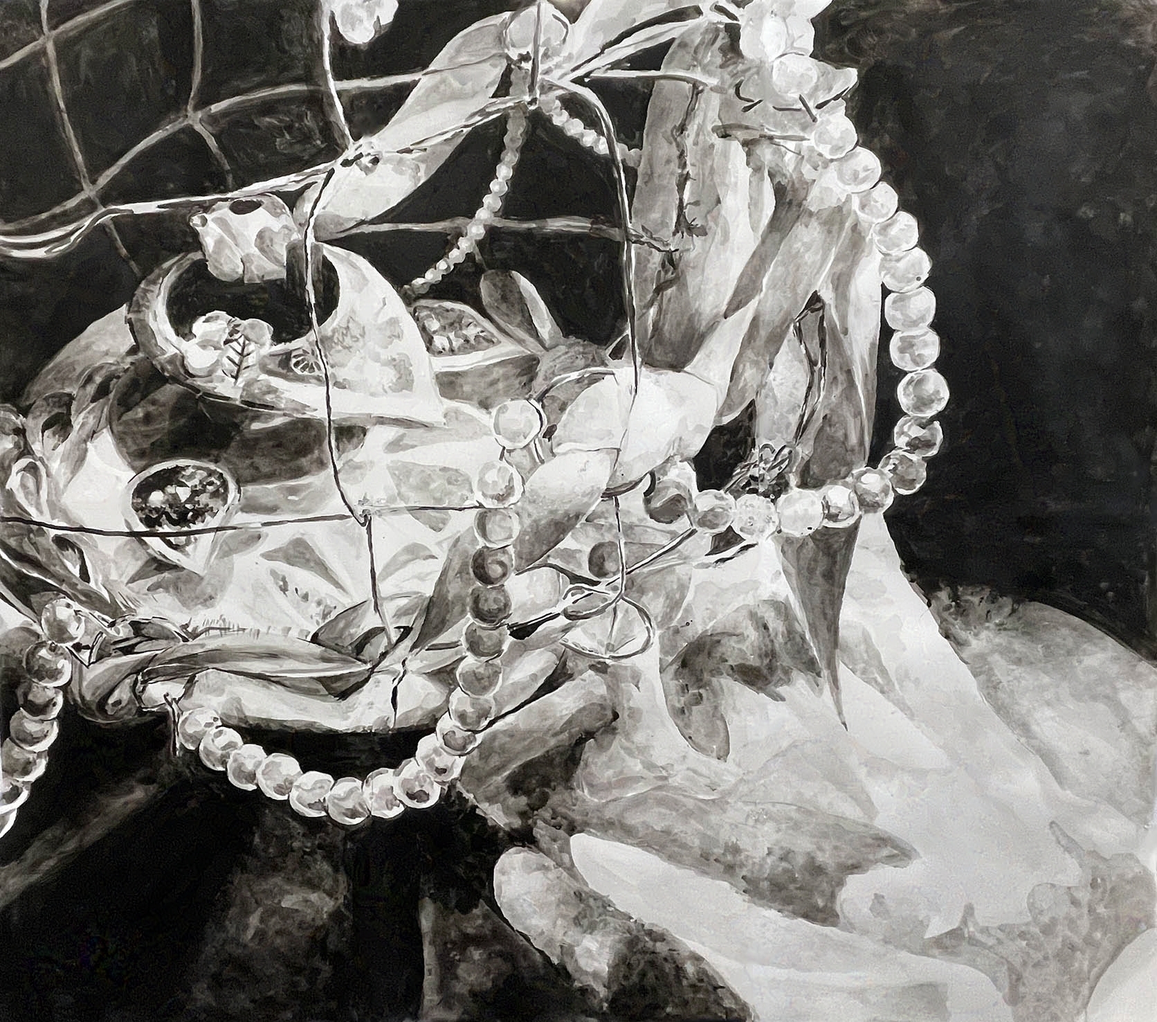 Black and white ink drawing of tea table in a cage. The cage walls are draped in ribbons and pearl strings. Reference image on the right.